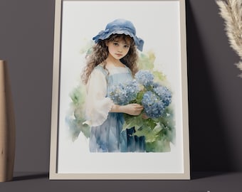 Brunette Girl with Hydrangea Flowers - Detailed Watercolor Digital Painting - Instant Download