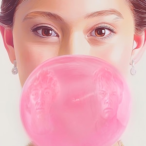 Puede incluir: Retrato en primer plano de una persona con ojos marrones, con pendientes de diamantes, soplando una gran burbuja rosa. La burbuja refleja la cara de la persona. El fondo es de un color suave y neutro.