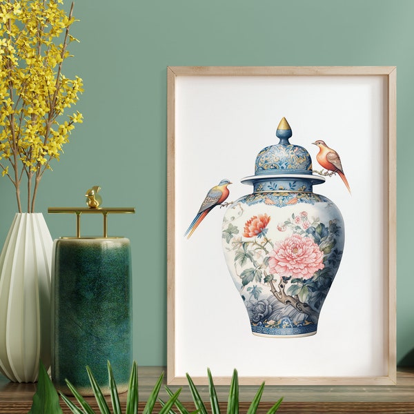 Fancy Chinoiserie Jar with Birds - Peinture numérique aquarelle détaillée - Téléchargement immédiat