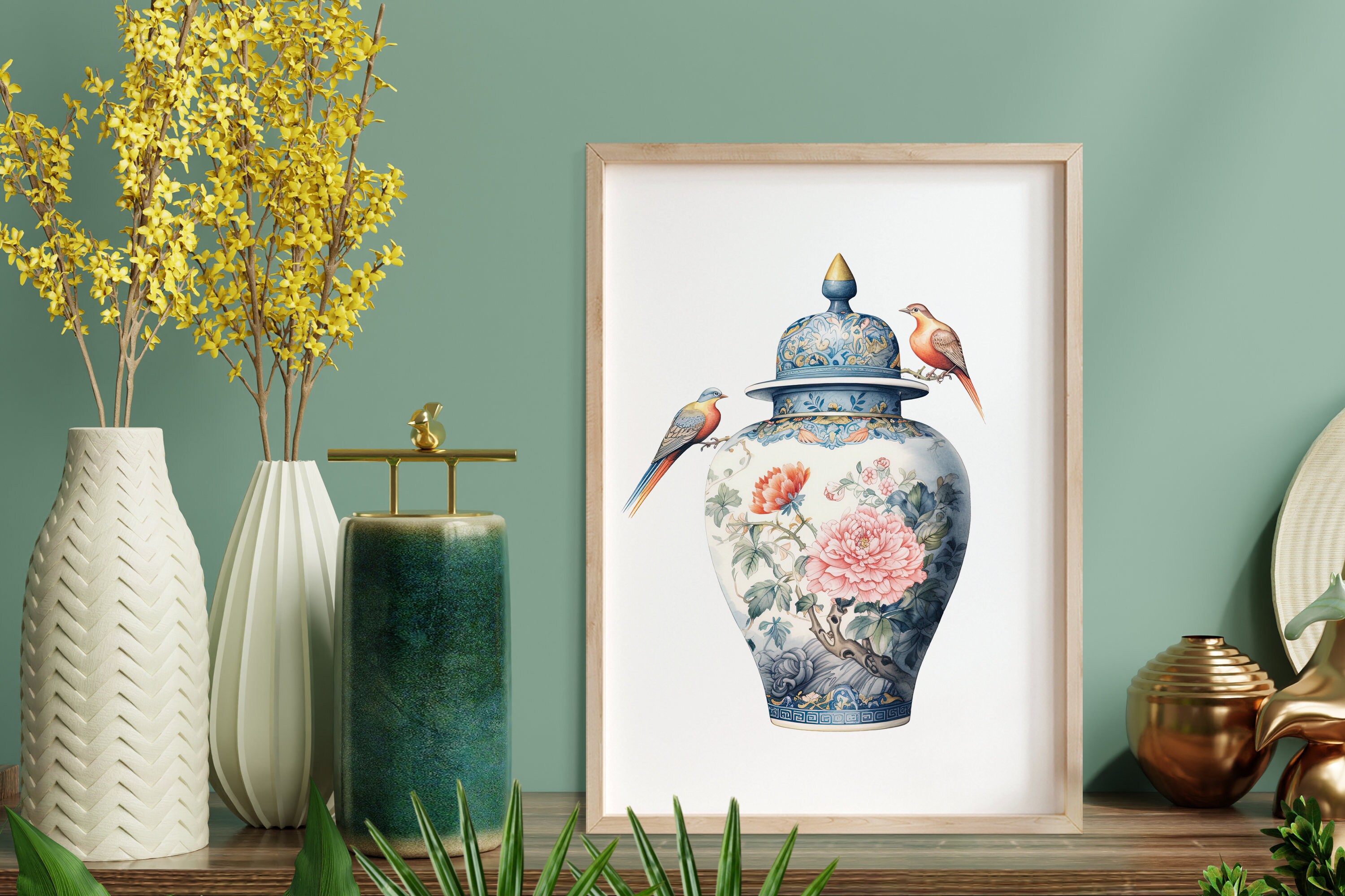 Fancy Chinoiserie Jar with Birds - Detailed Watercolor Digital Painting - Instant Download