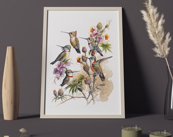 Impresión artística de colibrí en acuarela: Ilustración colorida (Descarga digital)