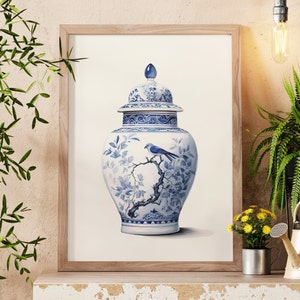 Chinoiserie Vase with Bird - Digital Watercolor Painting - Instant Download - Multiple Sizes