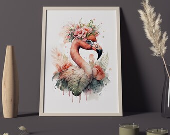 Watercolor Flamingo Digital Download Painting - Tropical Wall Art - Instant Download