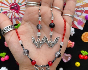 Bat Earrings and Bat Charm Choker Set | Halloween Jewelry Set | Dangly Bat Earrings | Bat Choker |