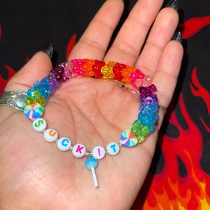 "suck it" kandi rainbow bracelets with tribeads and blue sucker charm