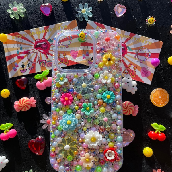 14 Pro iPhone Case | Bedazzled iPhone Case | 14 Pro Bedazzled Case | Flowers | Half Pearls