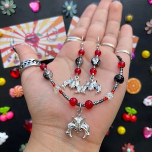 Hanging Bats Earrings and Choker Set | Halloween Jewelry Set | Bats Earrings | Bat Charm Choker | Halloween Earrings | Halloween Choker