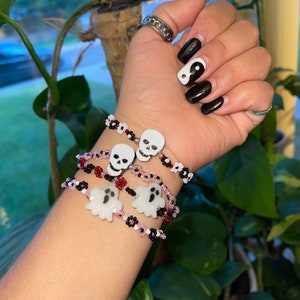 Halloween Kandi Bracelets | Ghost Beaded Flower Bracelet | Skull Flower Beaded Bracelet | Beaded Flower Bracelets | Glow in The Dark
