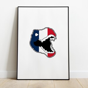 Peut inclure: Impression d'art encadrée représentant une gueule de requin stylisée avec les couleurs du drapeau français : bleu, blanc et rouge. L'œuvre est présentée sur fond blanc, idéale pour la décoration murale.