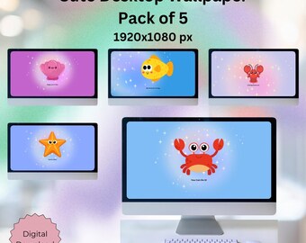 May include: A pack of five cute desktop wallpapers, each featuring a different cartoon sea creature: a shell, a fish, a lobster, a starfish, and a crab. The wallpapers are designed for a 1920x1080 px screen. Digital download.