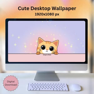 May include: A digital desktop wallpaper featuring a cute cartoon orange cat with big eyes peeking over a pink surface. The background is a light purple gradient with sparkling gold stars. The text "hang in there" is below the cat.