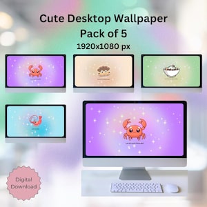 May include: A pack of five desktop wallpapers displayed on computer monitors. Each wallpaper features a cartoon design, including a crab, a clam, and a bowl of food, with a resolution of 1920x1080 pixels. The words "Cute Desktop Wallpaper" and "Digital Download" are also visible.