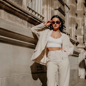 Women&#39;s Linen Two Piece Suit,Office Wear for Women, Two Piece Set, Blazer and Pants Set
