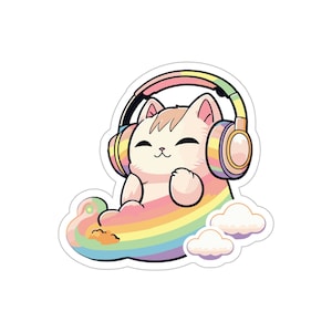 Cute Rainbow Kitten Cat luisteren naar muziek vinyl sticker 3 &quot;x 3&quot;