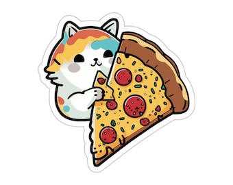 ピザを食べるかわいい子猫のビニールステッカー 3" x 3"