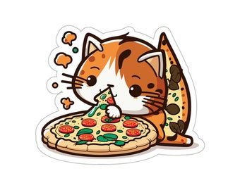 ピザを食べるかわいい子猫のビニールステッカー 3" x 3"