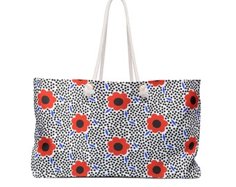 Sacola grande para fim de semana com alças de corda e design floral gráfico colorido