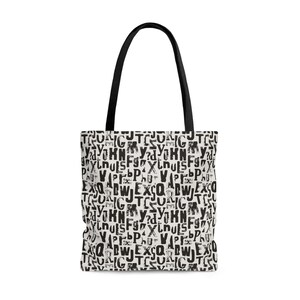 Tote Bag Black and White Graphic Design with Black Handles