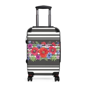 Suitcase Weekender Swivel Wheels Adjustable Handle Colorful Floral and Stripe Design