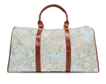 Bolsa de viagem à prova d'água azul claro design floral marrom alças de couro sintético alça de ombro