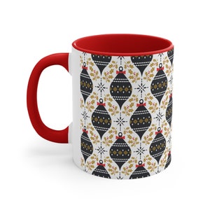 Coffee Mug 11oz Colorful Christmas Holiday Design Red Handle and Interior