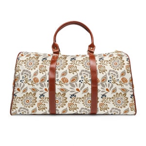 Waterproof Travel Bag Stylish Floral Design Brown Faux Leather Handles Shoulder Strap
