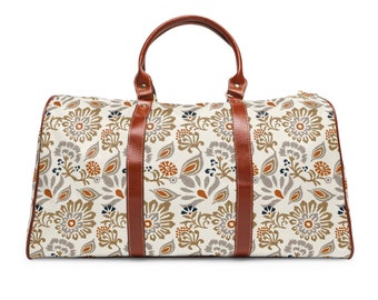 Bolsa de viagem à prova d'água com design floral elegante marrom alças de couro sintético alça de ombro