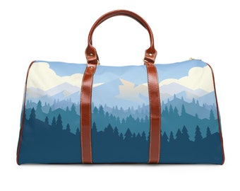 Bolsa de viagem à prova d'água com design de montanha e árvore, alça de ombro em couro sintético marrom