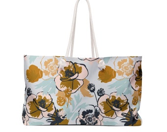 Sacola grande para fim de semana com alças de corda e design floral marrom azul claro