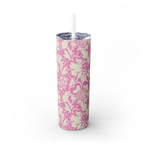Skinny Tumbler with Straw 20oz Stylish Pink Floral Design Boho Vibes