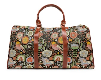 Waterproof Travel Bag Graphic Pattern Flowers Birds Brown Faux Leather Handles Shoulder Strap Boho Vibes