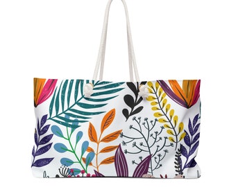 Sacola grande para fim de semana com alças de corda e design tropical colorido