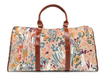 Bolsa de viagem à prova d'água Pastel Floral Design Marrom Couro Falso Alças Alça de Ombro