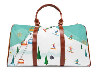Bolsa de viagem à prova d'água, elevador de esqui colorido, design de snowboard, alças de couro sintético marrom, alça de ombro