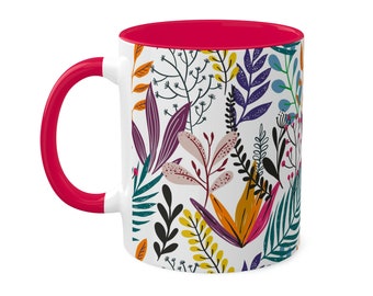 Kaffeetasse 11 Unzen Floral Graphic Design Rot Innen und Griff
