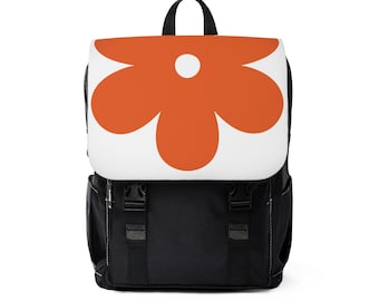 Canvas Backpack Black with White and Orange Flower Power Design