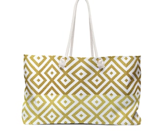 Oversized Weekender Tote Bag with Rope Handles Gold White Graphic Design