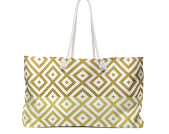 Oversized Weekender Tote Bag with Rope Handles Gold White Graphic Design