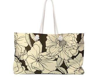Oversized Weekender Tote Bag with Rope Handles Graphic Black and Cream Floral Design