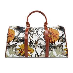 Waterproof Travel Bag Stylish Floral Design Brown Faux Leather Handles Shoulder Strap