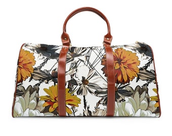 Bolsa de viagem à prova d'água com design floral elegante marrom alças de couro sintético alça de ombro