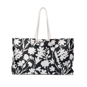 Oversized Weekender Tote Bag with Rope Handles Black and White Floral Design