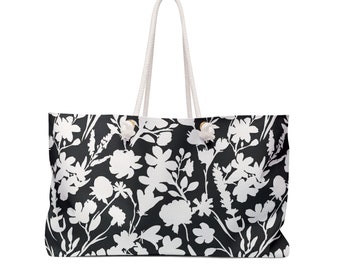 Bolso tote de fin de semana de gran tamaño con asas de cuerda Diseño floral en blanco y negro