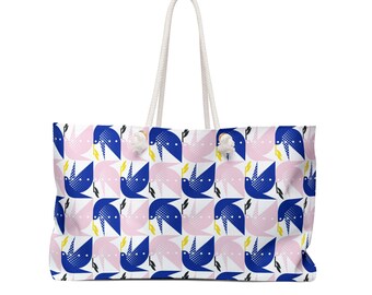 Sacola grande para fim de semana com alças de corda colorida azul rosa design gráfico de pássaro