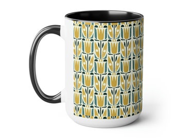 Coffee Mug 15oz Graphic Floral Design Black Handle and Interior
