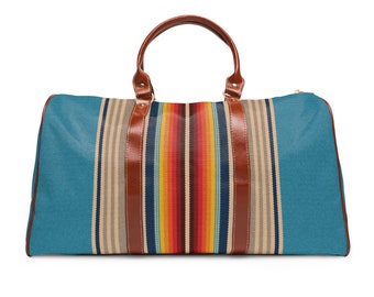 Bolsa de viagem à prova d'água colorida listra turquesa design marrom alças de couro sintético alça de ombro