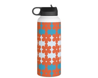 Water Bottle Stainless Steel Orange Flower Power Design 32 oz