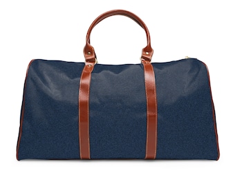 Bolsa de viagem à prova d'água azul escuro padrão jeans marrom alças de couro sintético alça de ombro
