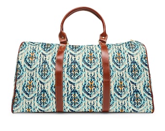 Bolsa de viagem à prova d'água turquesa Ikat Design marrom alças de couro sintético alça de ombro