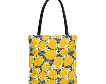 Tote Bag Lemon Graphic Print with Black Handles